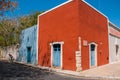 Colorful buildings on Mexican street. The centre of Valladolid in Mexico Yucatan.