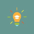 Colorful bulb with graduation cap or mortar board. flat icon isolated on blue Royalty Free Stock Photo