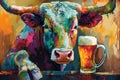 Colorful Bull with Beer Mug. Created with Generative AI