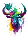 Watercolor Illustration of a Portrait Face Of Bull With Colorful Paint.AI Generative