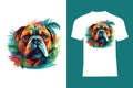 Colorful Bulldog with Tropical Foliage Background in Vector Style: T-Shirt Design