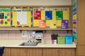 Colorful bulletin boards above the sink in an elementary classroom