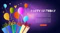 Colorful bunch of happy birthday balloons flying for party and celebrations and gift boxes with text on stary night Royalty Free Stock Photo