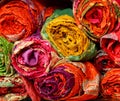 Colorful bundles of cloths in a shop