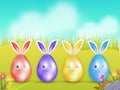 Colorful bunnies easter eggs with cute expression on nature landscape background.