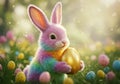 Colorful bunny with golden egg surrounded by easter eggs in spring garden Royalty Free Stock Photo