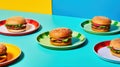 Colorful Burgers on Green Tile Background AI Generated