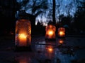 Colorful burning candles during All Saints Day at the cemetery Royalty Free Stock Photo