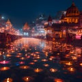 Colorful, burning candles on a sheet of water behind Hindu temples, buildings, night, celebration. Diwali, the dipawali Indian