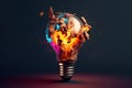 Colorful Burst: Explosive Splashes of Paint Surround a Creative Light Bulb on a Dark Background. created with Generative AI