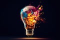 Colorful Burst: Explosive Splashes of Paint Surround a Creative Light Bulb on a Dark Background. created with Generative AI