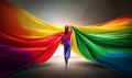The Colorful Business Hero. A confident superhero wearing a vibrant rainbow cape makes a powerful impact in the business world