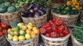 A colorful bustling farmers market filled with baskets of various fruits and vegetables fresh from the fields. .