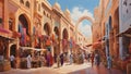 A colorful and bustling Moroccan souk, with a maze of stalls displaying
