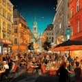 Colorful and Bustling Street in Vienna with Vibrant Nightlife