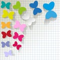 Colorful butterflies on checkered pattern background.