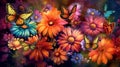 Colorful butterflies fly over colorful flowers. Generative illustration of AI. Digital visual content