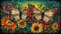 Colorful butterflies fly over colorful flowers. Generative illustration of AI. Digital visual content