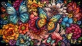 Colorful butterflies fly over colorful flowers. Generative illustration of AI. Digital visual content