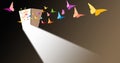 Colorful butterflies through open door graphic background