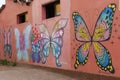Colorful butterflies painted on the wall of a shop in the small quaint town of CaetÃÂª-AÃÂ§u, Chapada Diamantina, Brazil
