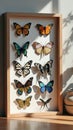 Colorful butterfly collection in wooden shadow box display Royalty Free Stock Photo
