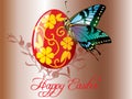 A colorful butterfly comically lands on a red Easter egg adorned with yellow Royalty Free Stock Photo