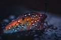 a colorful butterfly with drops of water on it\'s wings