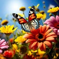 colorful butterfly gracefully flying over a garden adorned with vibrant and multicolored flowers.