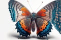 a colorful butterfly with orange and blue wings and spots on its wings, with a white background, is shown in the image a Royalty Free Stock Photo