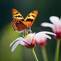 Colorful butterfly perched on a beautiful blooming flower, with the help of sunlight