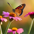 Colorful butterfly perched on a beautiful blooming flower, with the help of sunlight