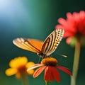 Colorful butterfly perched on a beautiful blooming flower, with the help of sunlight