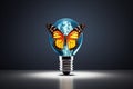 Colorful butterfly sitting on light bulb on dark background. Generate Ai Royalty Free Stock Photo