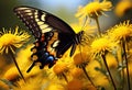 Colorful butterfly sitting on a vibrant yellow flower, insects and butterflies concept