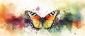 A colorful butterfly with a watercolor garden background