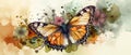 A colorful butterfly with a watercolor garden background