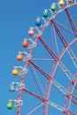 Colorful cabins on a Ferris wheel, blue sky