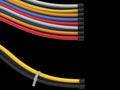 Colorful cables bound together with black circular plugs