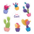 Colorful cacti potted plant flowers stickers set Royalty Free Stock Photo