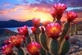 colorful cactus flowers against sunset sky Royalty Free Stock Photo