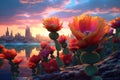 colorful cactus flowers against sunset sky Royalty Free Stock Photo