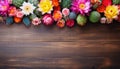 Colorful Cactus flowers on brown wooden background with copy space Royalty Free Stock Photo