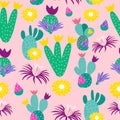 Colorful cactus on a pink background, in a seamless pattern