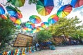 Colorful cafe at Balat decorated with umbrellas