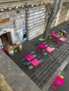 Colorful cafe tables on the Parc Rives de Seine, Paris