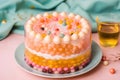 Colorful cake with candies on a pink background, close-up