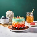 Colorful cake with jelly candies on the white marble table.