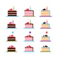 Colorful cake slices set on white background.