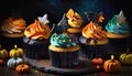 colorful cakes with halloween decoration